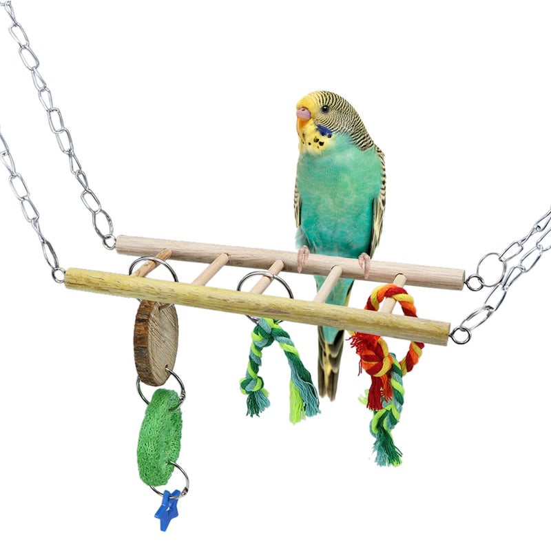 Litewoo Bird Ladder Toy Hanging Swing Natural Wood Hammock Toy for Small Parrot Parakeet Cockatiel African Grey Cockatoos Conure Finch Cage Accessories - Image 1